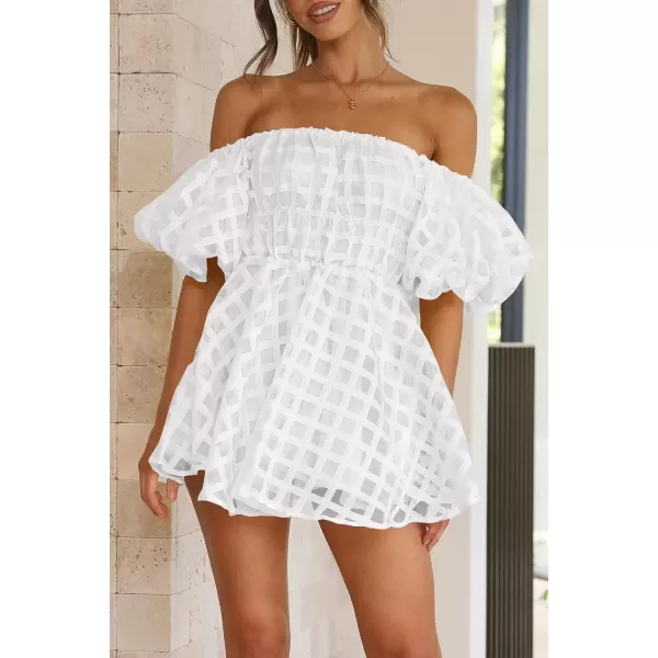 imagePRETTYGARDEN Womens Off The Shoulder Babydoll Dress Short Puff Sleeve Casual A Line Ruffle Summer DressesPlaid White