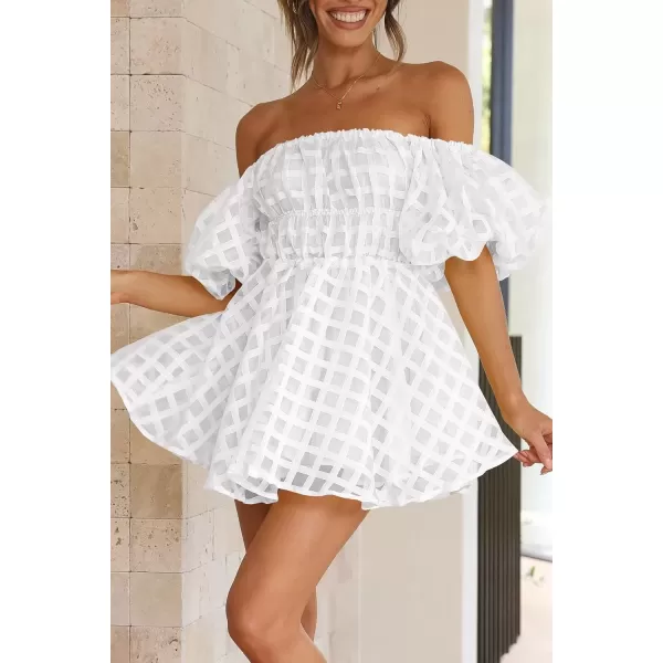 imagePRETTYGARDEN Womens Off The Shoulder Babydoll Dress Short Puff Sleeve Casual A Line Ruffle Summer DressesPlaid White