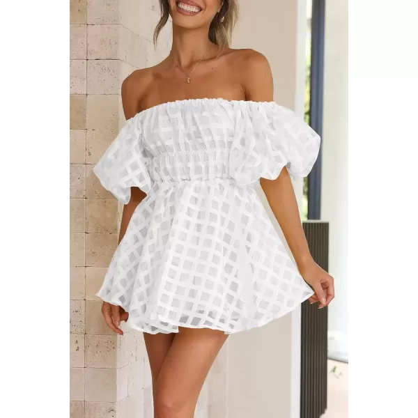 imagePRETTYGARDEN Womens Off The Shoulder Babydoll Dress Short Puff Sleeve Casual A Line Ruffle Summer DressesPlaid White