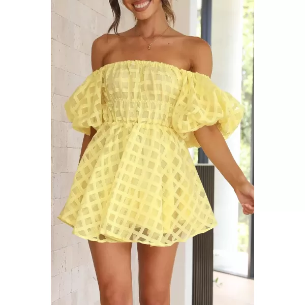 imagePRETTYGARDEN Womens Off The Shoulder Babydoll Dress Short Puff Sleeve Casual A Line Ruffle Summer DressesPlaid Yellow