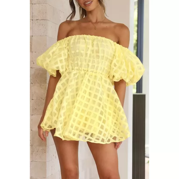 imagePRETTYGARDEN Womens Off The Shoulder Babydoll Dress Short Puff Sleeve Casual A Line Ruffle Summer DressesPlaid Yellow