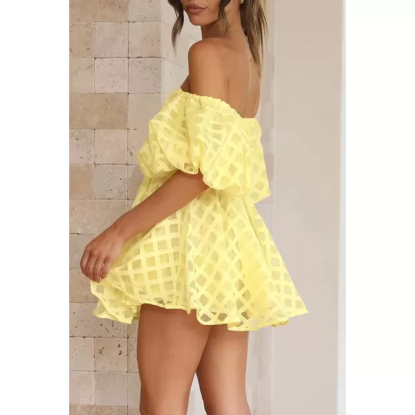 imagePRETTYGARDEN Womens Off The Shoulder Babydoll Dress Short Puff Sleeve Casual A Line Ruffle Summer DressesPlaid Yellow