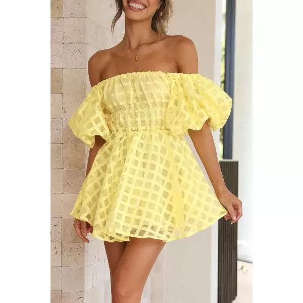 imagePRETTYGARDEN Womens Off The Shoulder Babydoll Dress Short Puff Sleeve Casual A Line Ruffle Summer DressesPlaid Yellow