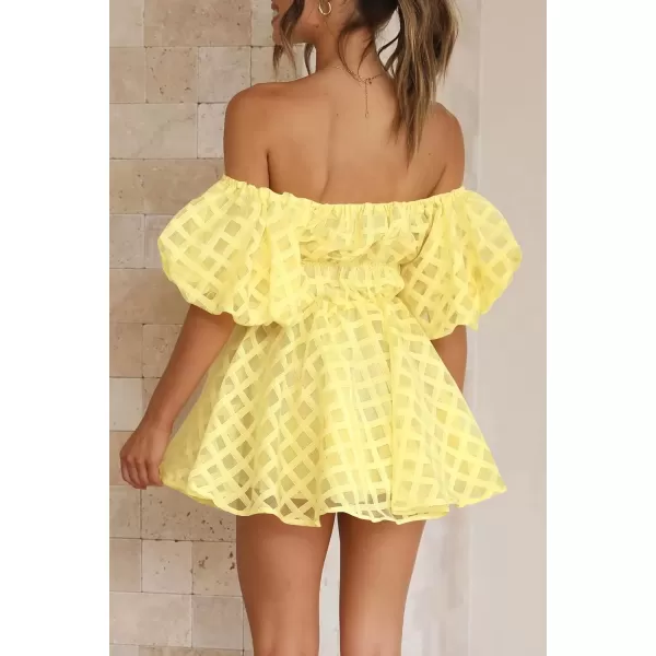 imagePRETTYGARDEN Womens Off The Shoulder Babydoll Dress Short Puff Sleeve Casual A Line Ruffle Summer DressesPlaid Yellow
