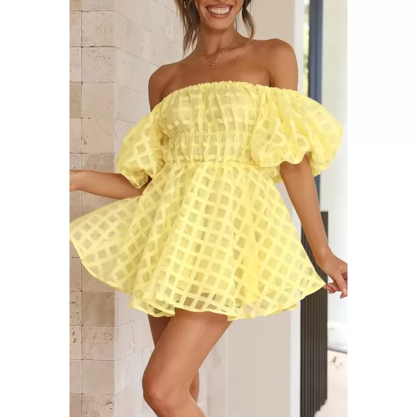 imagePRETTYGARDEN Womens Off The Shoulder Babydoll Dress Short Puff Sleeve Casual A Line Ruffle Summer DressesPlaid Yellow
