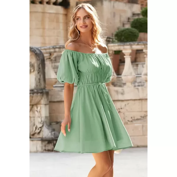 imagePRETTYGARDEN Womens Off The Shoulder Babydoll Dress Short Puff Sleeve Casual A Line Ruffle Summer DressesSolid Bean Green