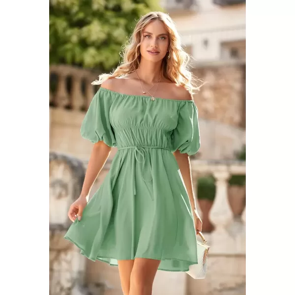 imagePRETTYGARDEN Womens Off The Shoulder Babydoll Dress Short Puff Sleeve Casual A Line Ruffle Summer DressesSolid Bean Green