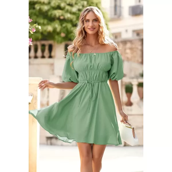 imagePRETTYGARDEN Womens Off The Shoulder Babydoll Dress Short Puff Sleeve Casual A Line Ruffle Summer DressesSolid Bean Green