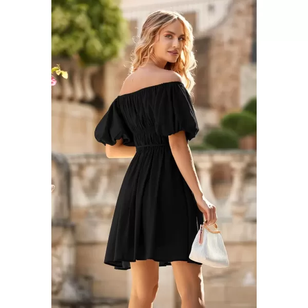 imagePRETTYGARDEN Womens Off The Shoulder Babydoll Dress Short Puff Sleeve Casual A Line Ruffle Summer DressesSolid Black
