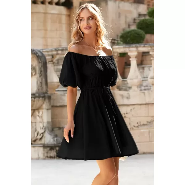 imagePRETTYGARDEN Womens Off The Shoulder Babydoll Dress Short Puff Sleeve Casual A Line Ruffle Summer DressesSolid Black