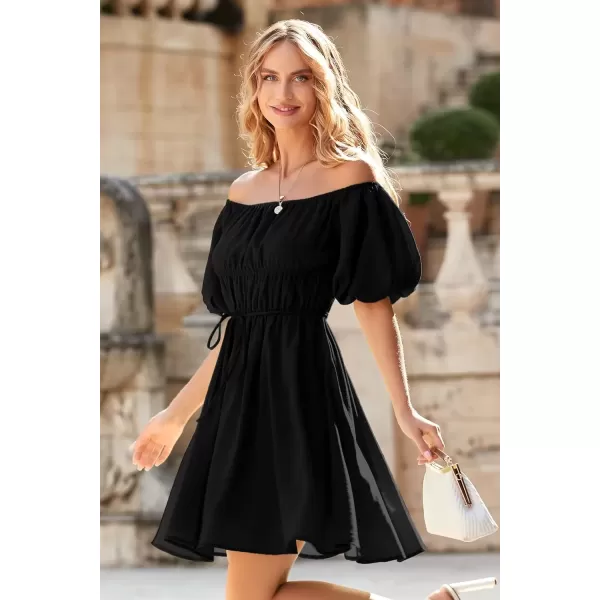 imagePRETTYGARDEN Womens Off The Shoulder Babydoll Dress Short Puff Sleeve Casual A Line Ruffle Summer DressesSolid Black
