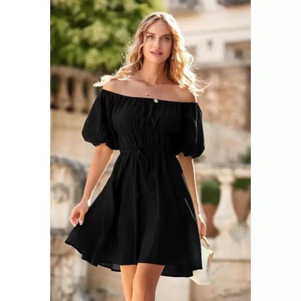imagePRETTYGARDEN Womens Off The Shoulder Babydoll Dress Short Puff Sleeve Casual A Line Ruffle Summer DressesSolid Black