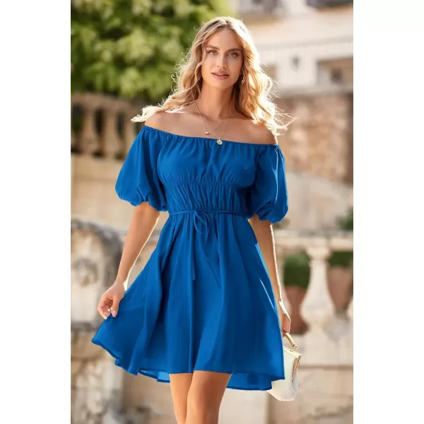 imagePRETTYGARDEN Womens Off The Shoulder Babydoll Dress Short Puff Sleeve Casual A Line Ruffle Summer DressesSolid Blue
