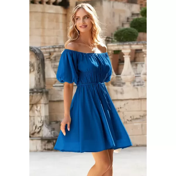 imagePRETTYGARDEN Womens Off The Shoulder Babydoll Dress Short Puff Sleeve Casual A Line Ruffle Summer DressesSolid Lake Blue