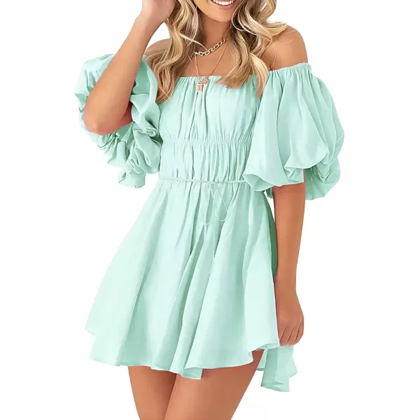 imagePRETTYGARDEN Womens Off The Shoulder Babydoll Dress Short Puff Sleeve Casual A Line Ruffle Summer DressesSolid Light Green