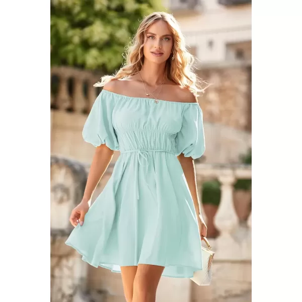 imagePRETTYGARDEN Womens Off The Shoulder Babydoll Dress Short Puff Sleeve Casual A Line Ruffle Summer DressesSolid Light Green