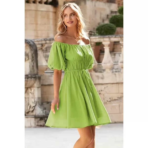 imagePRETTYGARDEN Womens Off The Shoulder Babydoll Dress Short Puff Sleeve Casual A Line Ruffle Summer DressesSolid Olive Green