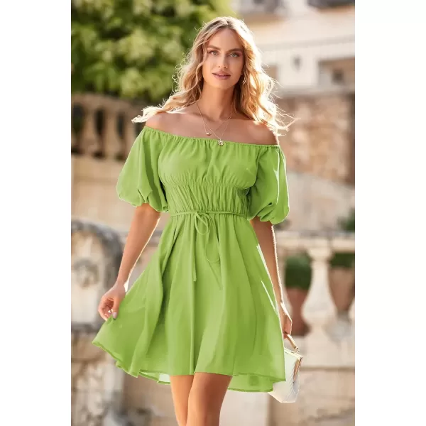 imagePRETTYGARDEN Womens Off The Shoulder Babydoll Dress Short Puff Sleeve Casual A Line Ruffle Summer DressesSolid Olive Green