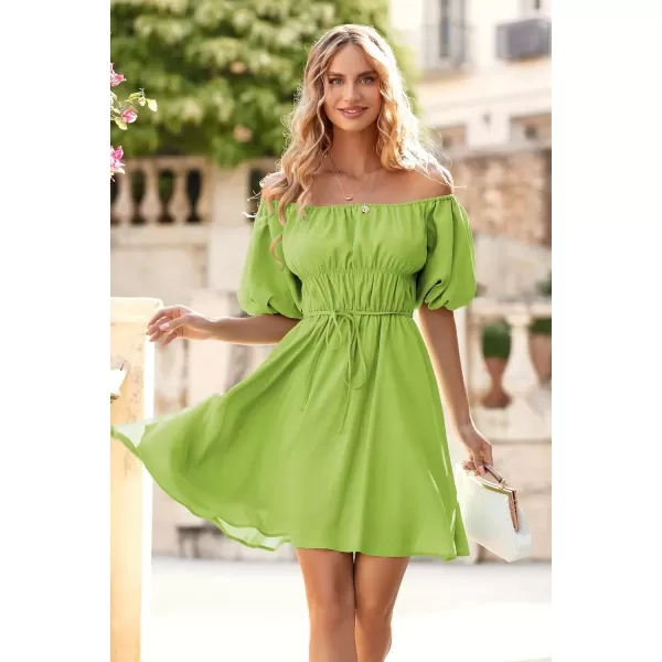 imagePRETTYGARDEN Womens Off The Shoulder Babydoll Dress Short Puff Sleeve Casual A Line Ruffle Summer DressesSolid Olive Green