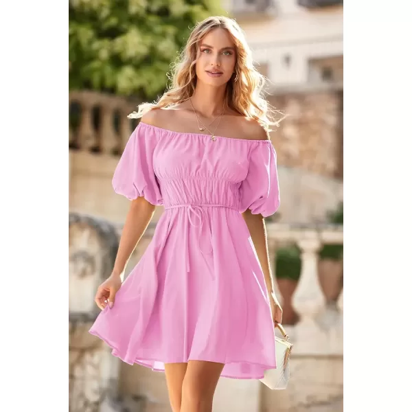 imagePRETTYGARDEN Womens Off The Shoulder Babydoll Dress Short Puff Sleeve Casual A Line Ruffle Summer DressesSolid Pink