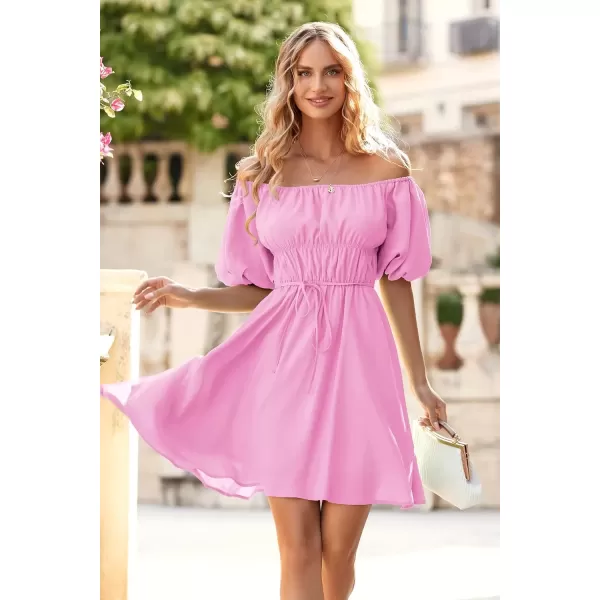 imagePRETTYGARDEN Womens Off The Shoulder Babydoll Dress Short Puff Sleeve Casual A Line Ruffle Summer DressesSolid Pink