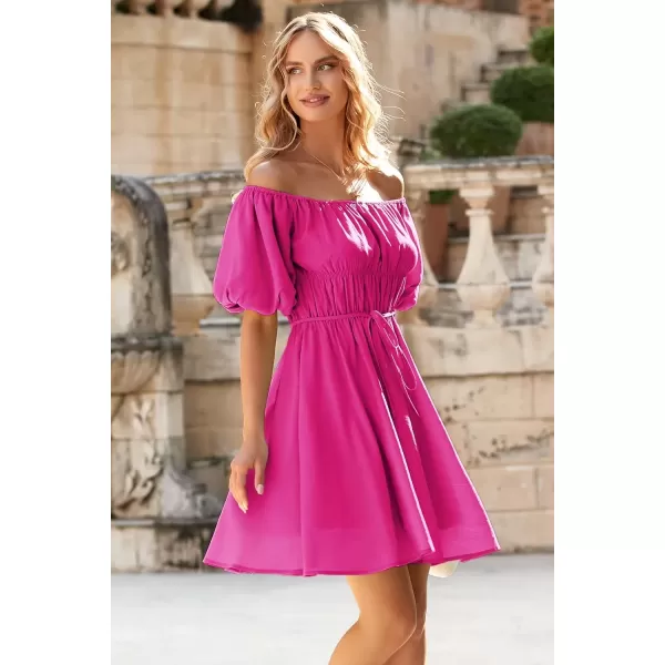 imagePRETTYGARDEN Womens Off The Shoulder Babydoll Dress Short Puff Sleeve Casual A Line Ruffle Summer DressesSolid Rose Red