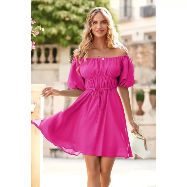 imagePRETTYGARDEN Womens Off The Shoulder Babydoll Dress Short Puff Sleeve Casual A Line Ruffle Summer DressesSolid Rose Red