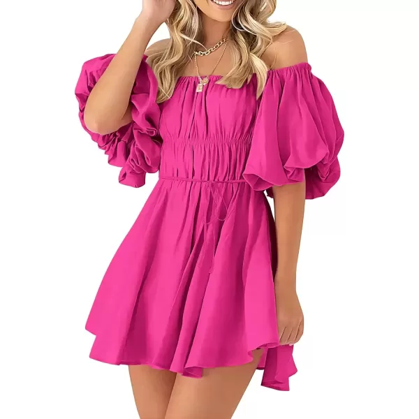 imagePRETTYGARDEN Womens Off The Shoulder Babydoll Dress Short Puff Sleeve Casual A Line Ruffle Summer DressesSolid Rose Red