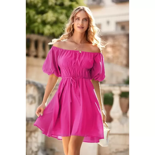 imagePRETTYGARDEN Womens Off The Shoulder Babydoll Dress Short Puff Sleeve Casual A Line Ruffle Summer DressesSolid Rose Red