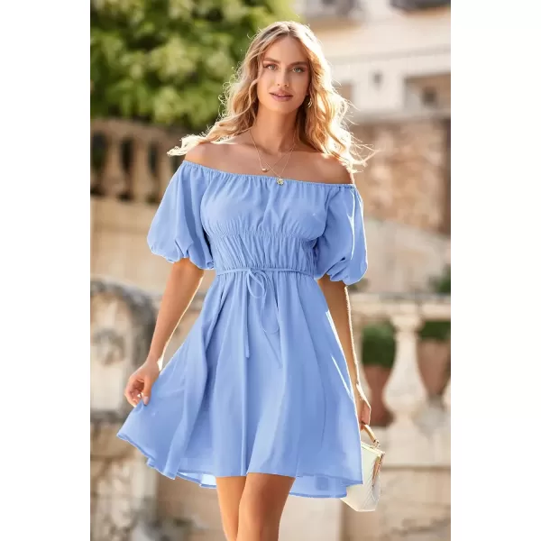 imagePRETTYGARDEN Womens Off The Shoulder Babydoll Dress Short Puff Sleeve Casual A Line Ruffle Summer DressesSolid Sky Blue