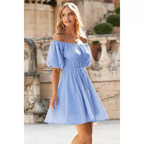 imagePRETTYGARDEN Womens Off The Shoulder Babydoll Dress Short Puff Sleeve Casual A Line Ruffle Summer DressesSolid Sky Blue