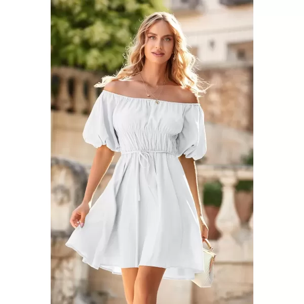 imagePRETTYGARDEN Womens Off The Shoulder Babydoll Dress Short Puff Sleeve Casual A Line Ruffle Summer DressesSolid White