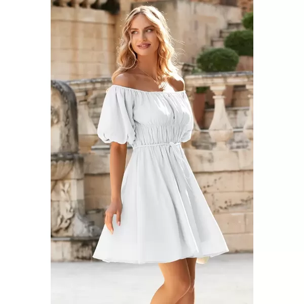 imagePRETTYGARDEN Womens Off The Shoulder Babydoll Dress Short Puff Sleeve Casual A Line Ruffle Summer DressesSolid White