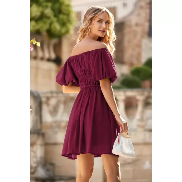 imagePRETTYGARDEN Womens Off The Shoulder Babydoll Dress Short Puff Sleeve Casual A Line Ruffle Summer DressesSolid Wine Red
