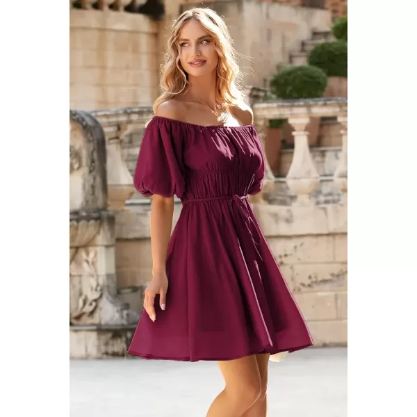 imagePRETTYGARDEN Womens Off The Shoulder Babydoll Dress Short Puff Sleeve Casual A Line Ruffle Summer DressesSolid Wine Red