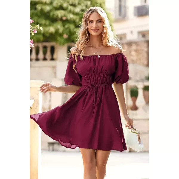 imagePRETTYGARDEN Womens Off The Shoulder Babydoll Dress Short Puff Sleeve Casual A Line Ruffle Summer DressesSolid Wine Red