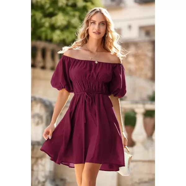 imagePRETTYGARDEN Womens Off The Shoulder Babydoll Dress Short Puff Sleeve Casual A Line Ruffle Summer DressesSolid Wine Red