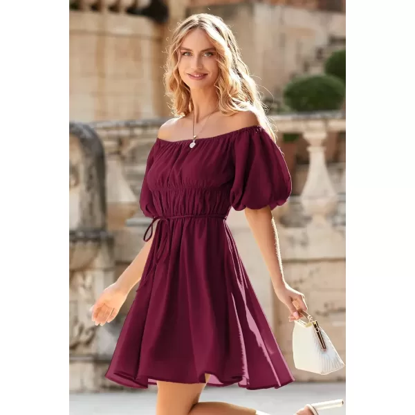 imagePRETTYGARDEN Womens Off The Shoulder Babydoll Dress Short Puff Sleeve Casual A Line Ruffle Summer DressesSolid Wine Red