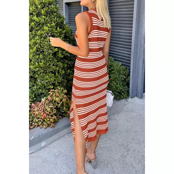 imagePRETTYGARDEN Womens Summer Bodycon Sundresses Casual Midi Sleeveless Hollow Out Knit Side Slit Striped Long Tank DressRust Red
