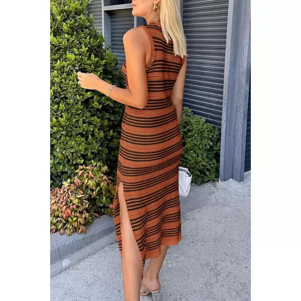 imagePRETTYGARDEN Womens Summer Bodycon Sundresses Casual Midi Sleeveless Hollow Out Knit Side Slit Striped Long Tank DressStriped Brown Black