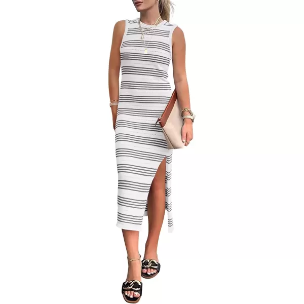 imagePRETTYGARDEN Womens Summer Bodycon Sundresses Casual Midi Sleeveless Hollow Out Knit Side Slit Striped Long Tank DressStriped White Grey