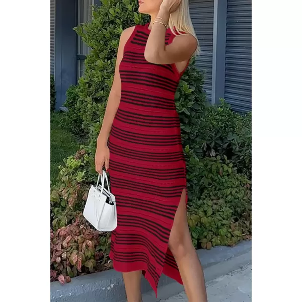 imagePRETTYGARDEN Womens Summer Bodycon Sundresses Casual Midi Sleeveless Hollow Out Knit Side Slit Striped Long Tank DressWine Red