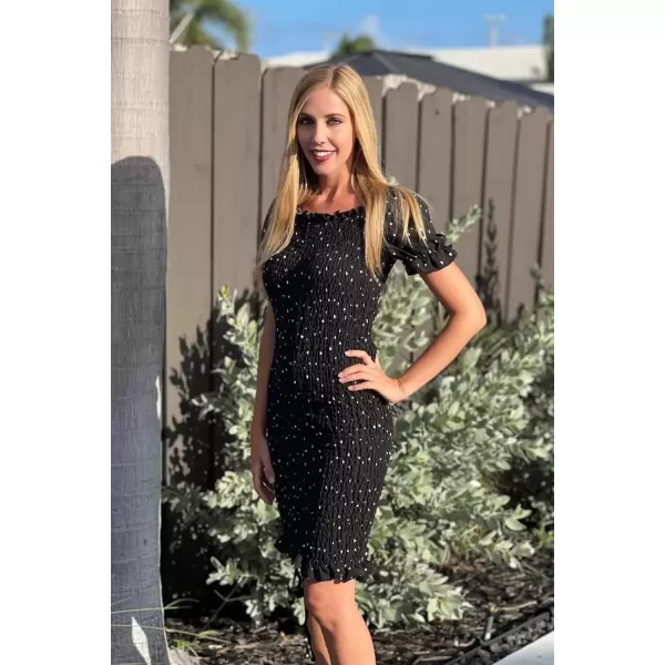 imagePRETTYGARDEN Womens Summer Off Shoulder Bodycon Dresses Short Sleeve Drawstring Sexy Mini Party Club Smocked DressBlack
