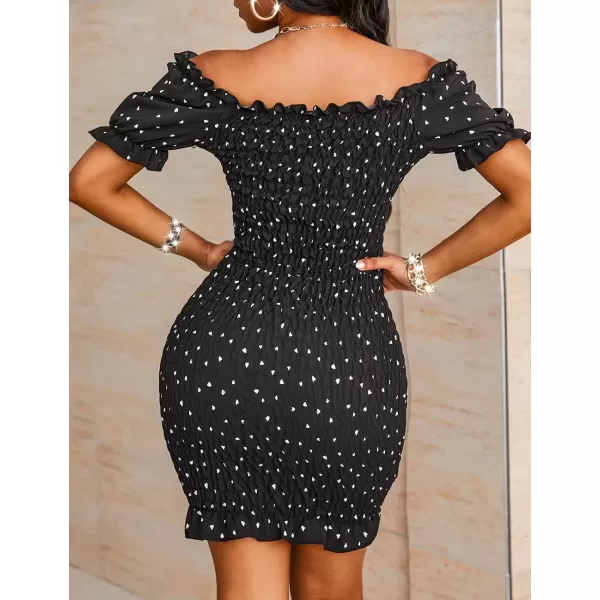 imagePRETTYGARDEN Womens Summer Off Shoulder Bodycon Dresses Short Sleeve Drawstring Sexy Mini Party Club Smocked DressBlack