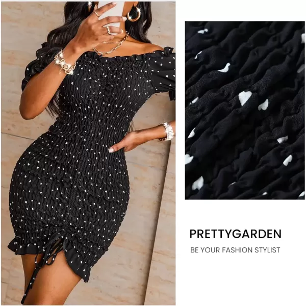 imagePRETTYGARDEN Womens Summer Off Shoulder Bodycon Dresses Short Sleeve Drawstring Sexy Mini Party Club Smocked DressBlack