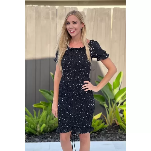 imagePRETTYGARDEN Womens Summer Off Shoulder Bodycon Dresses Short Sleeve Drawstring Sexy Mini Party Club Smocked DressBlack