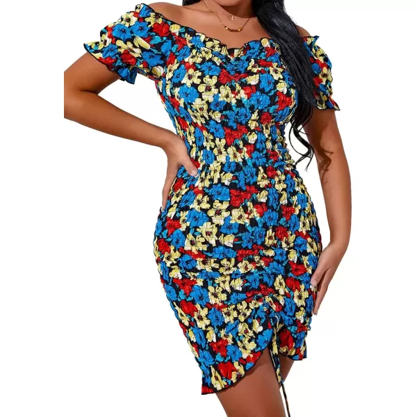 imagePRETTYGARDEN Womens Summer Off Shoulder Bodycon Dresses Short Sleeve Drawstring Sexy Mini Party Club Smocked DressBlack Blue
