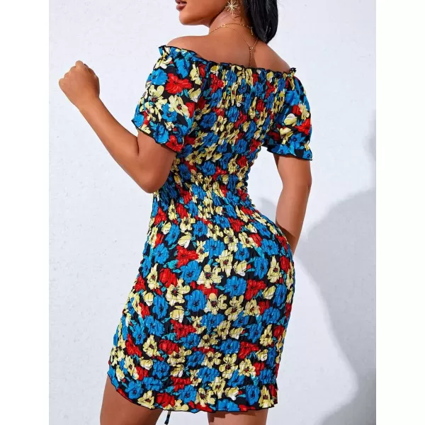 imagePRETTYGARDEN Womens Summer Off Shoulder Bodycon Dresses Short Sleeve Drawstring Sexy Mini Party Club Smocked DressBlack Blue