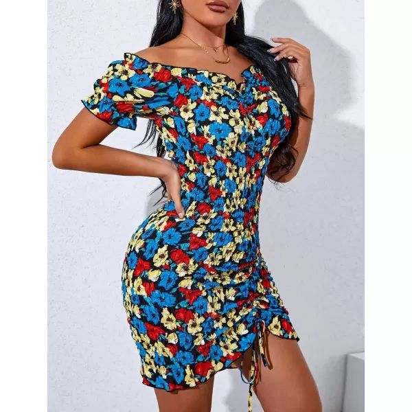 imagePRETTYGARDEN Womens Summer Off Shoulder Bodycon Dresses Short Sleeve Drawstring Sexy Mini Party Club Smocked DressBlack Blue