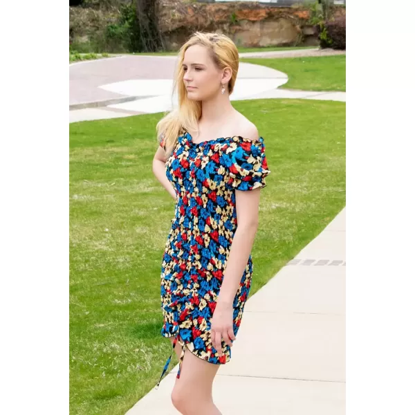 imagePRETTYGARDEN Womens Summer Off Shoulder Bodycon Dresses Short Sleeve Drawstring Sexy Mini Party Club Smocked DressBlack Blue